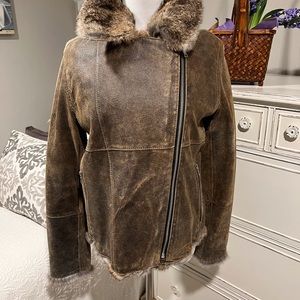 Andrew Marc Brown Distressed Leather Bomber Jacket With Rabbit Fur Lining